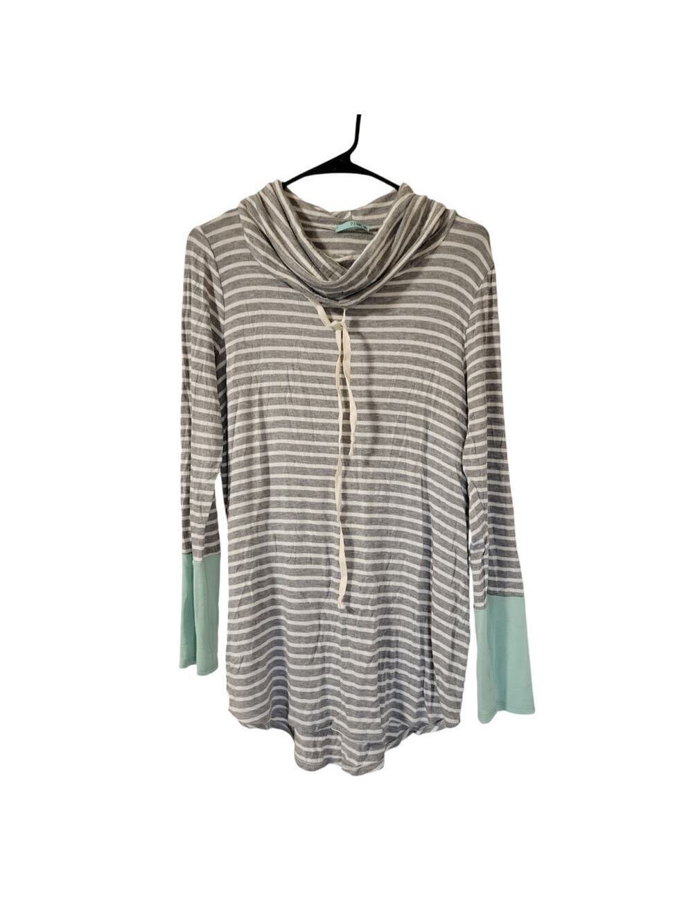 P.S. Kate Gray Stripe Cowl Neck Long Sleeve Mint Green Thumb Holes Size M